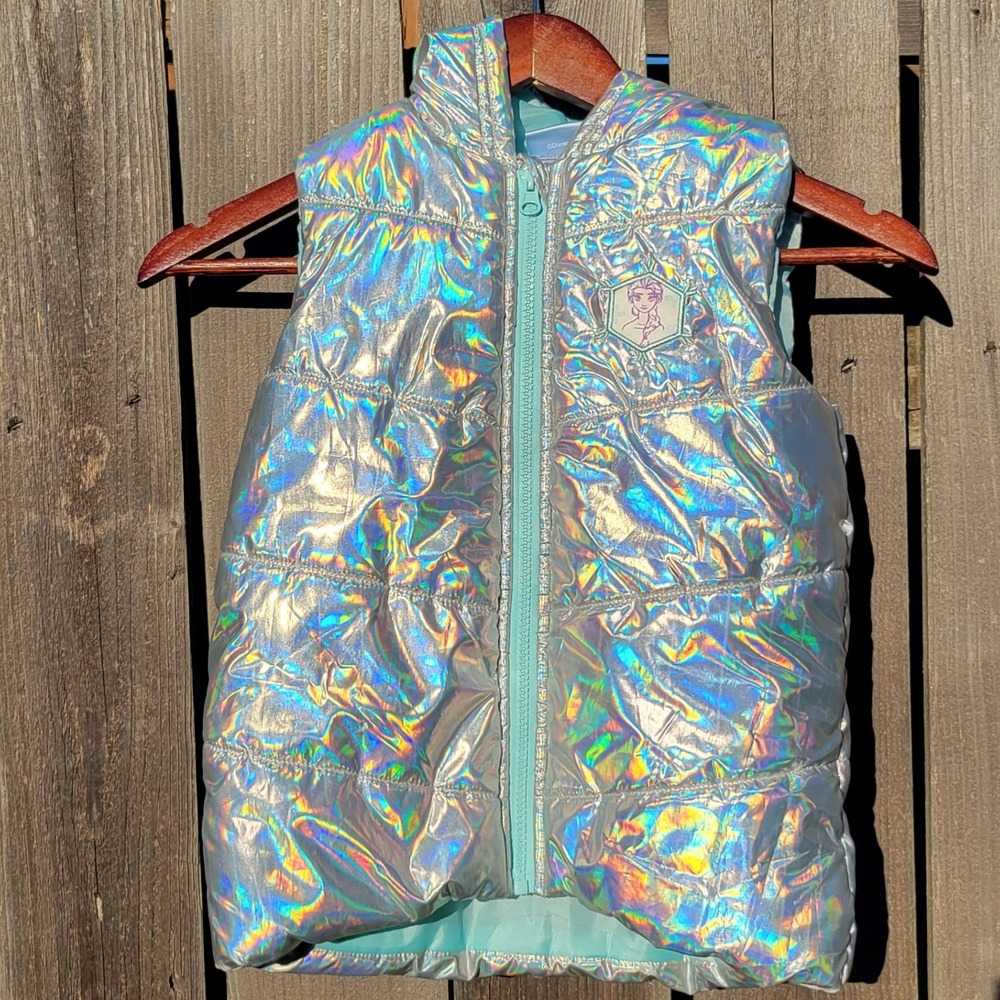 Disney Frozen silver metallic iridescent hooded puffer full zip vest‎ SIZE 6